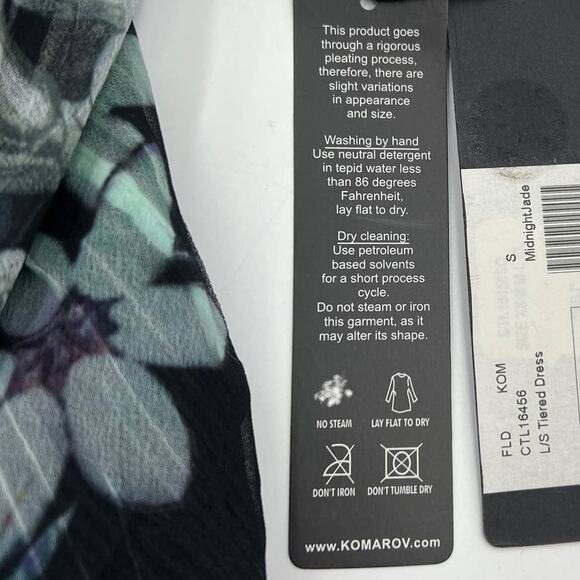 Komarov Sheer Pleated Long Sleeve Tiered Dress Watercolor Floral Green Black - Picture 5 of 8